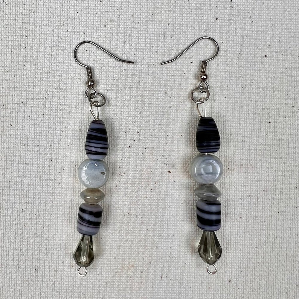 Boutique Handmade Black Striped Beaded Meteor Stacked Drop Earrings